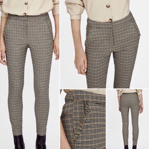 ZARA Basic Tan Plaid Skinny Pant Ruffle Pockets Medium - Picture 2 of 11